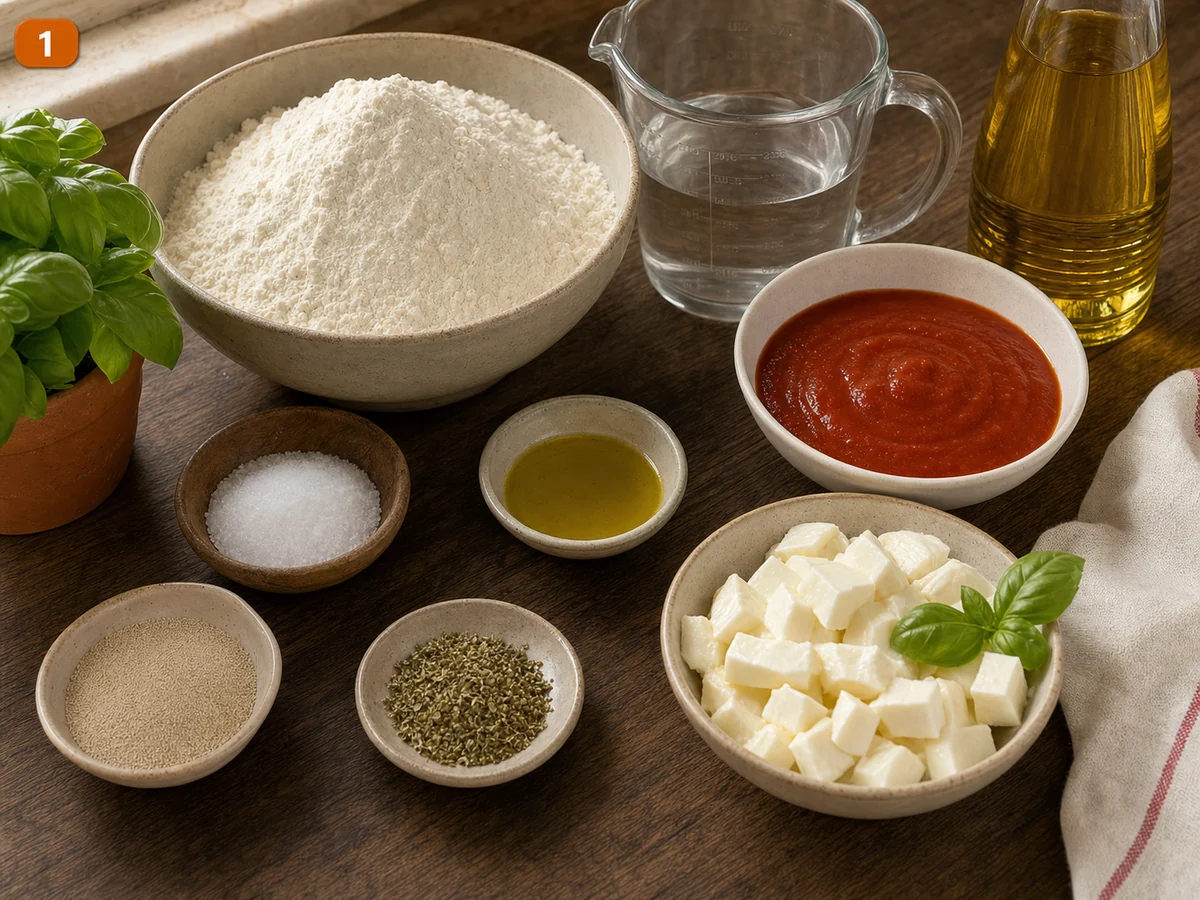 Панцеротти | Фото подпункта 1 | Viva Cucina Панцеротти: фото процесса приготовления — разложите муку тип 00, тёплую воду, дрожжи, соль, оливковое масло, томатную основу, моцареллу, базилик, орегано и масло для жарки