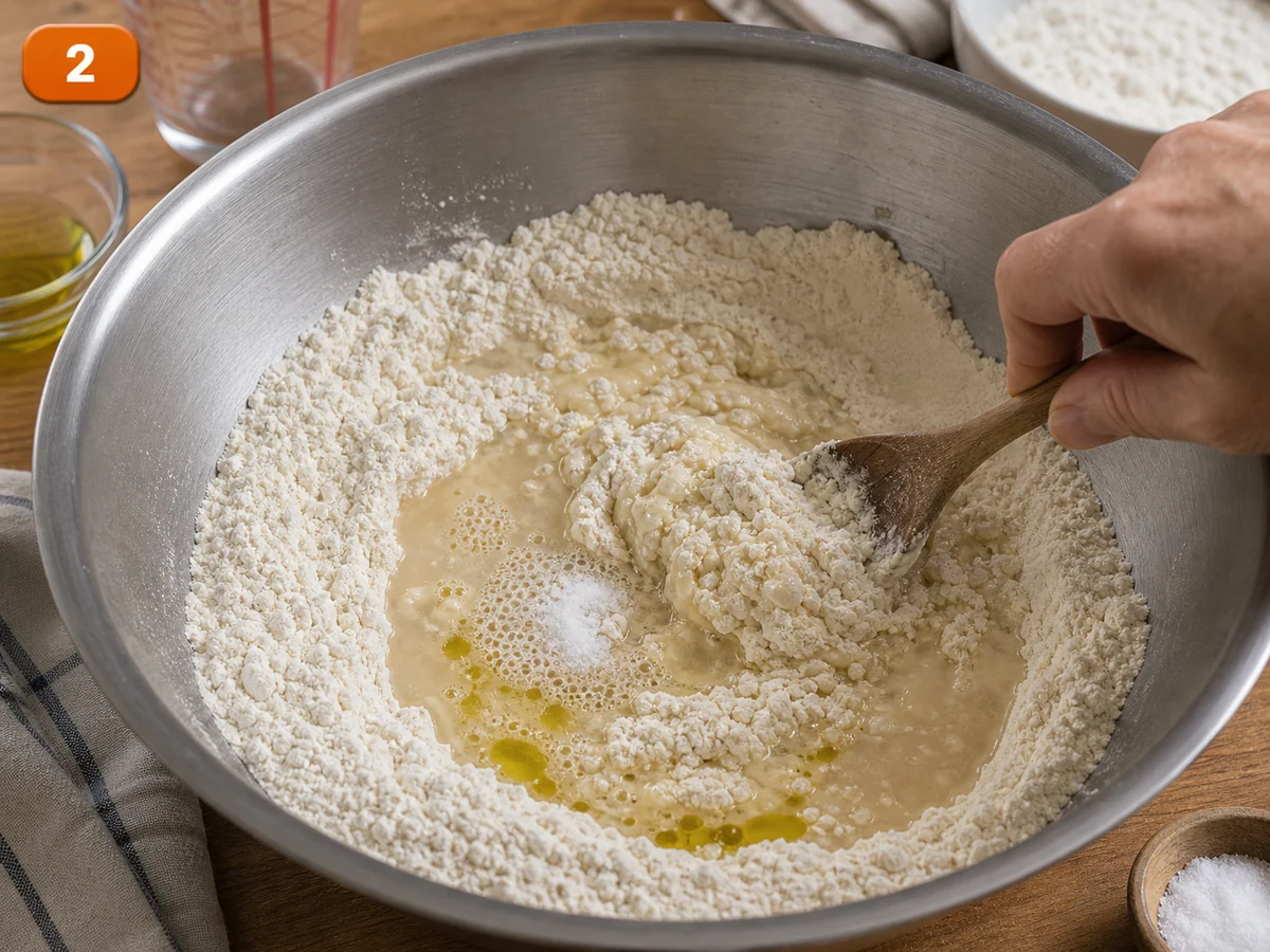 Панцеротти | Фото подпункта 2 | Viva Cucina Панцеротти: фото процесса приготовления — растворите дрожжи в тёплой воде, добавьте муку, соль и оливковое масло, затем начните замес