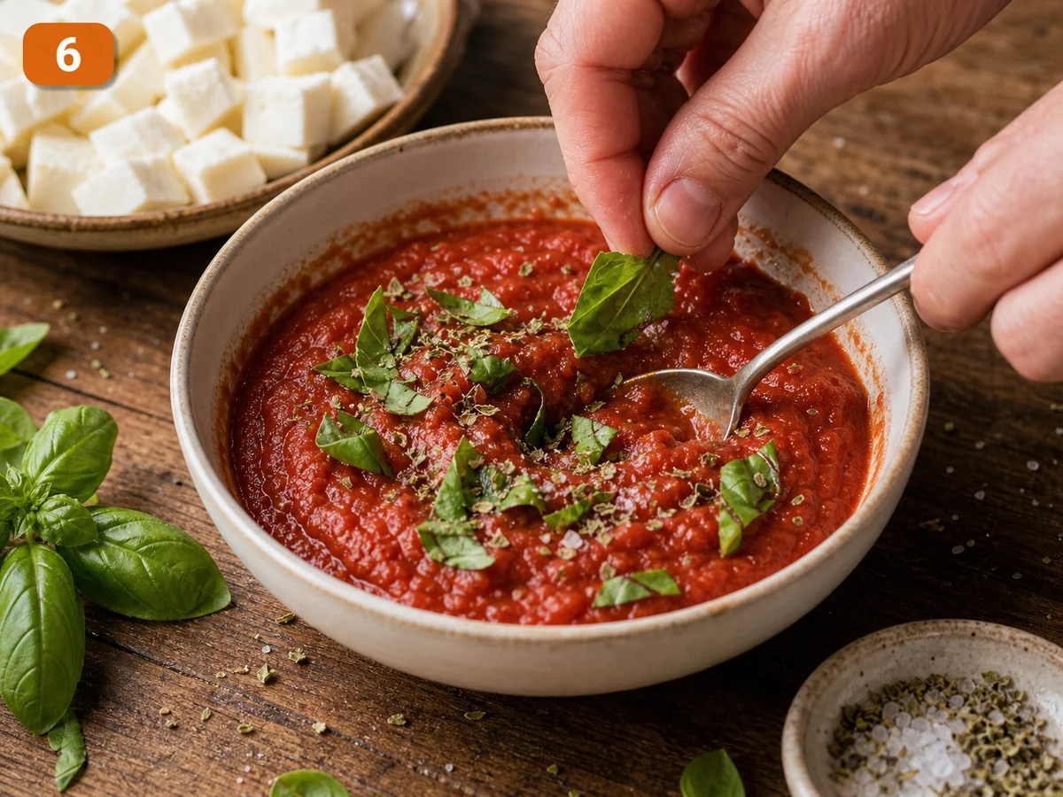 Панцеротти | Фото подпункта 6 | Viva Cucina Панцеротти: фото процесса приготовления — смешайте густую томатную основу с базиликом, орегано и щепоткой соли