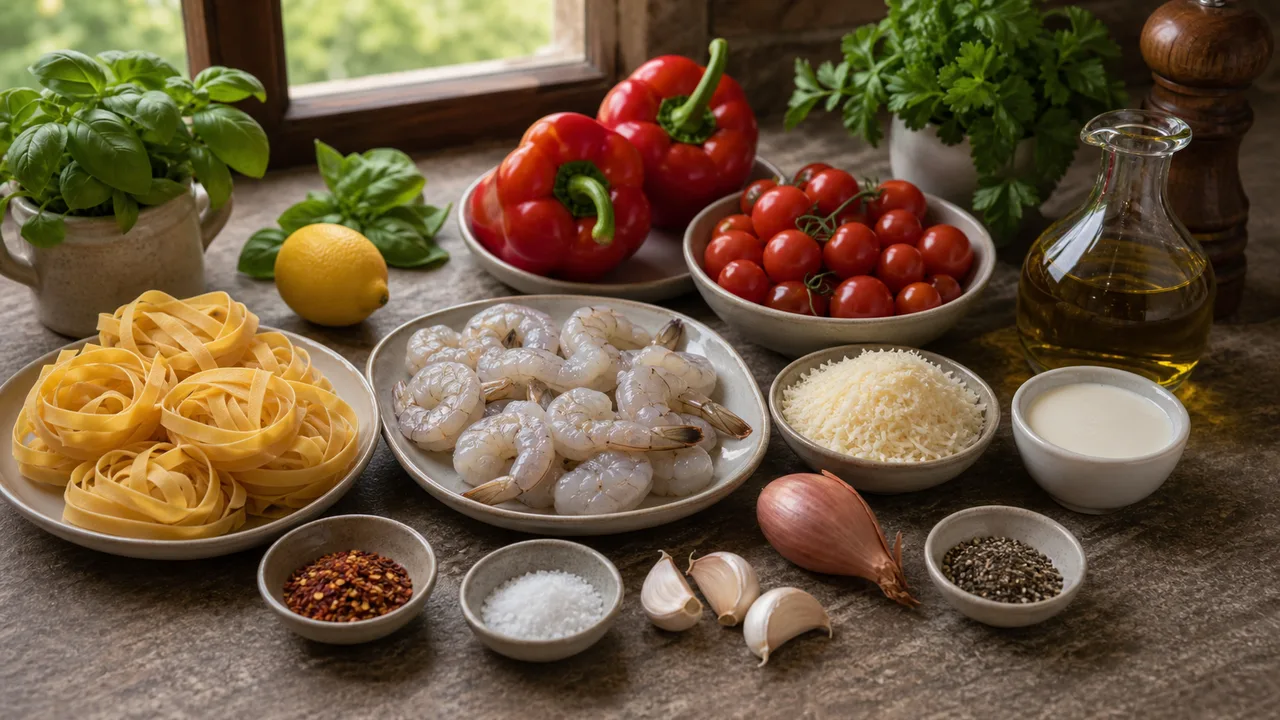 Паппарделле с креветками и соусом из запечённых перцев | Фото подпункта 1 | Viva Cucina Паппарделле с креветками и соусом из запечённых перцев: фото процесса приготовления — разложите паппарделле, очищенные креветки, красные перцы, черри, чеснок, шалот, базилик, петрушку, оливковое масло, сливки, пармезан, лимон, чили, соль и черный перец