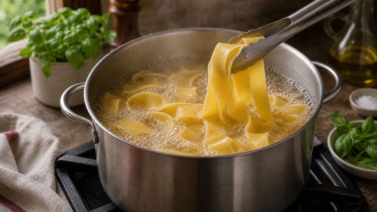 Паппарделле с креветками и соусом из запечённых перцев | Фото подпункта 10 | Viva Cucina Паппарделле с креветками и соусом из запечённых перцев: фото процесса приготовления — сварите паппарделле в хорошо подсоленной воде до al dente и сохраните воду от варки