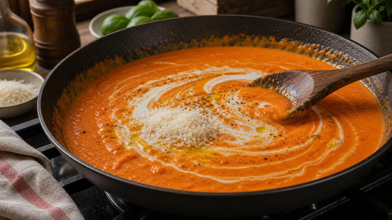 Паппарделле с креветками и соусом из запечённых перцев | Фото подпункта 11 | Viva Cucina Паппарделле с креветками и соусом из запечённых перцев: фото процесса приготовления — прогрейте соус из перцев в широкой сковороде, добавив немного сливок и пармезана