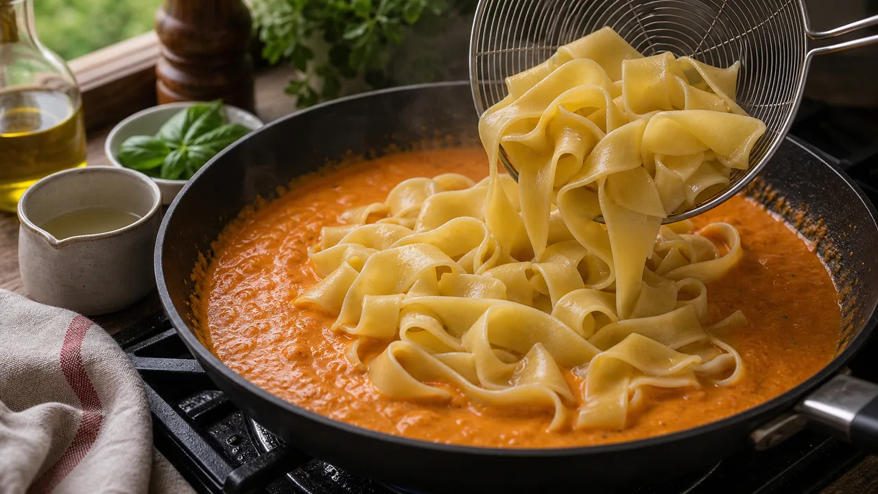 Паппарделле с креветками и соусом из запечённых перцев | Фото подпункта 12 | Viva Cucina Паппарделле с креветками и соусом из запечённых перцев: фото процесса приготовления — переложите паппарделле в соус и перемешайте, добавляя воду от пасты для глянцевой текстуры