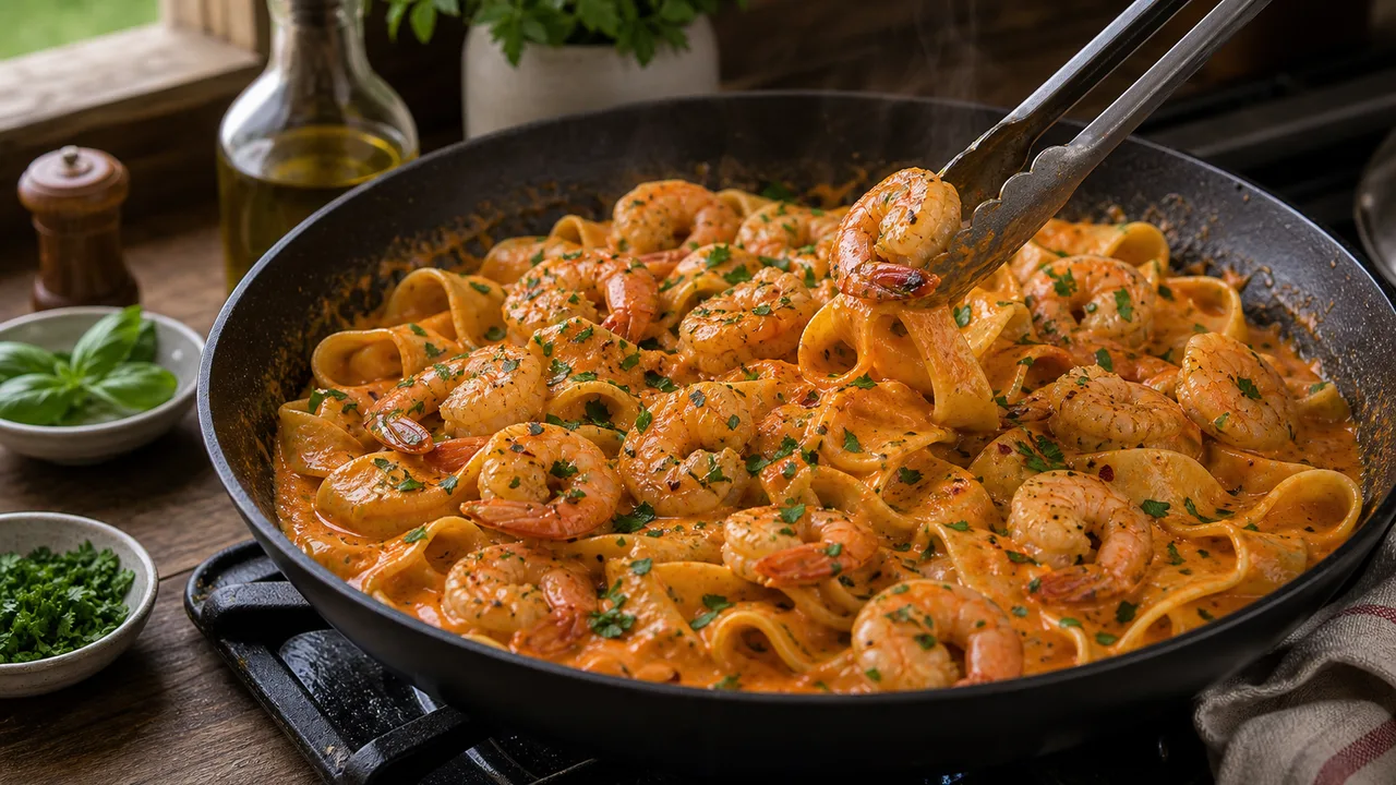 Паппарделле с креветками и соусом из запечённых перцев | Фото подпункта 13 | Viva Cucina Паппарделле с креветками и соусом из запечённых перцев: фото процесса приготовления — верните креветки в сковороду с паппарделле и аккуратно перемешайте
