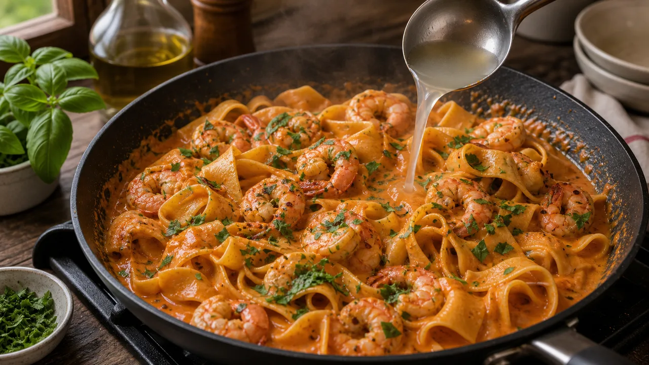 Паппарделле с креветками и соусом из запечённых перцев | Фото подпункта 14 | Viva Cucina Паппарделле с креветками и соусом из запечённых перцев: фото процесса приготовления — добавьте немного воды от пасты, зелень и лимонную цедру, чтобы соус стал блестящим