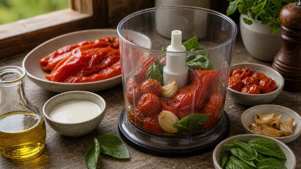 Паппарделле с креветками и соусом из запечённых перцев | Фото подпункта 5 | Viva Cucina Паппарделле с креветками и соусом из запечённых перцев: фото процесса приготовления — переложите перцы, запеченные томаты и чеснок в блендер, добавьте оливковое масло и базилик