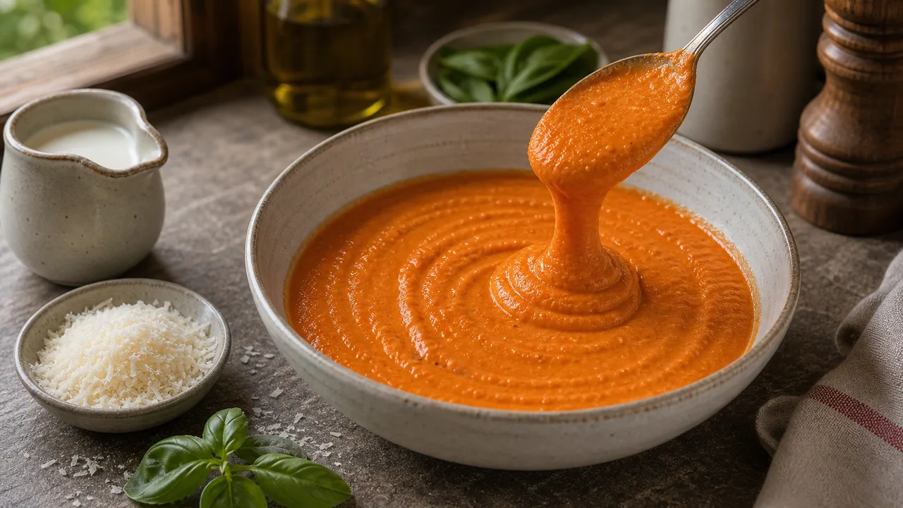 Паппарделле с креветками и соусом из запечённых перцев | Фото подпункта 6 | Viva Cucina Паппарделле с креветками и соусом из запечённых перцев: фото процесса приготовления — пробейте соус до гладкой оранжево-красной текстуры и проверьте густоту