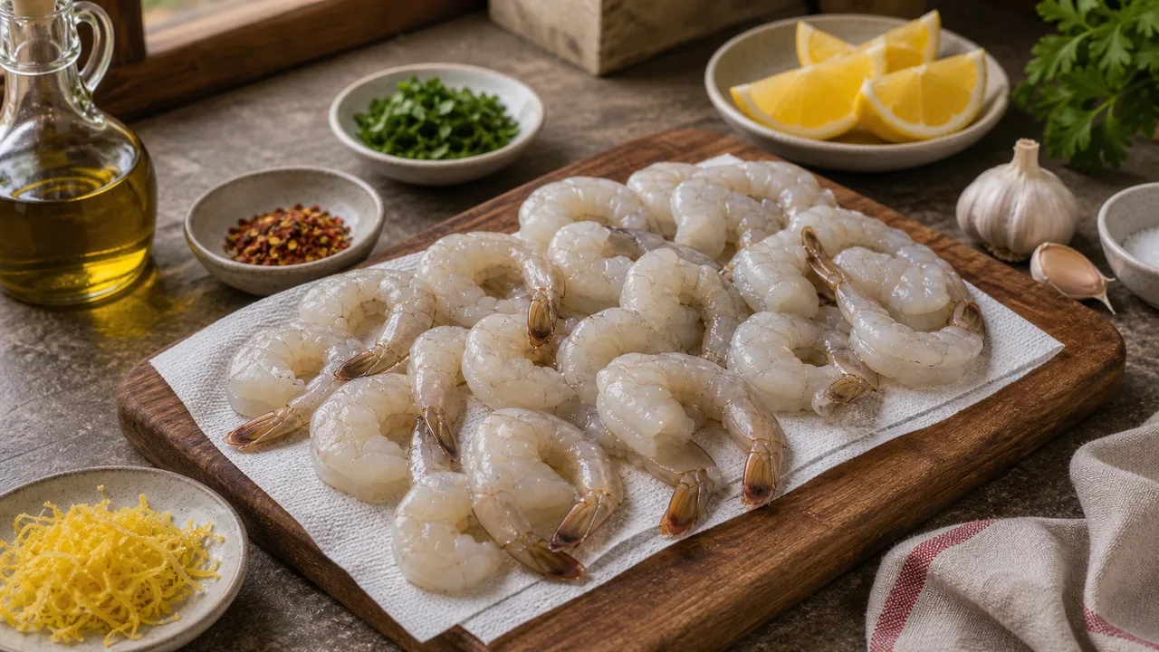 Паппарделле с креветками и соусом из запечённых перцев | Фото подпункта 7 | Viva Cucina Паппарделле с креветками и соусом из запечённых перцев: фото процесса приготовления — обсушите очищенные креветки и подготовьте чеснок, лимонную цедру, чили и зелень