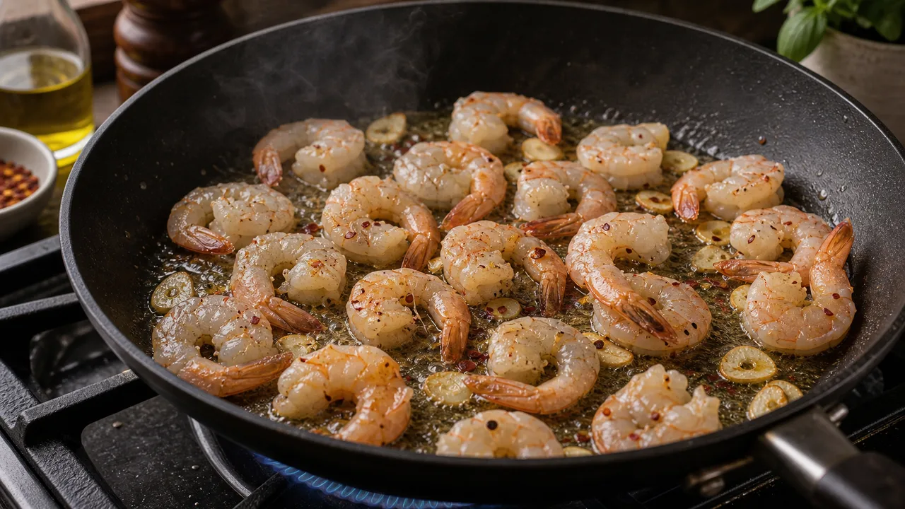 Паппарделле с креветками и соусом из запечённых перцев | Фото подпункта 8 | Viva Cucina Паппарделле с креветками и соусом из запечённых перцев: фото процесса приготовления — обжарьте креветки в горячем оливковом масле с чесноком и чили до легкой корочки