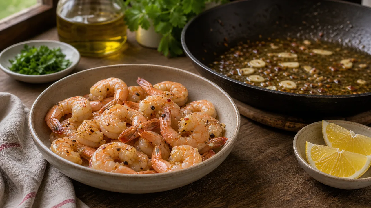 Паппарделле с креветками и соусом из запечённых перцев | Фото подпункта 9 | Viva Cucina Паппарделле с креветками и соусом из запечённых перцев: фото процесса приготовления — переложите креветки в миску, оставив ароматное масло и соки в сковороде