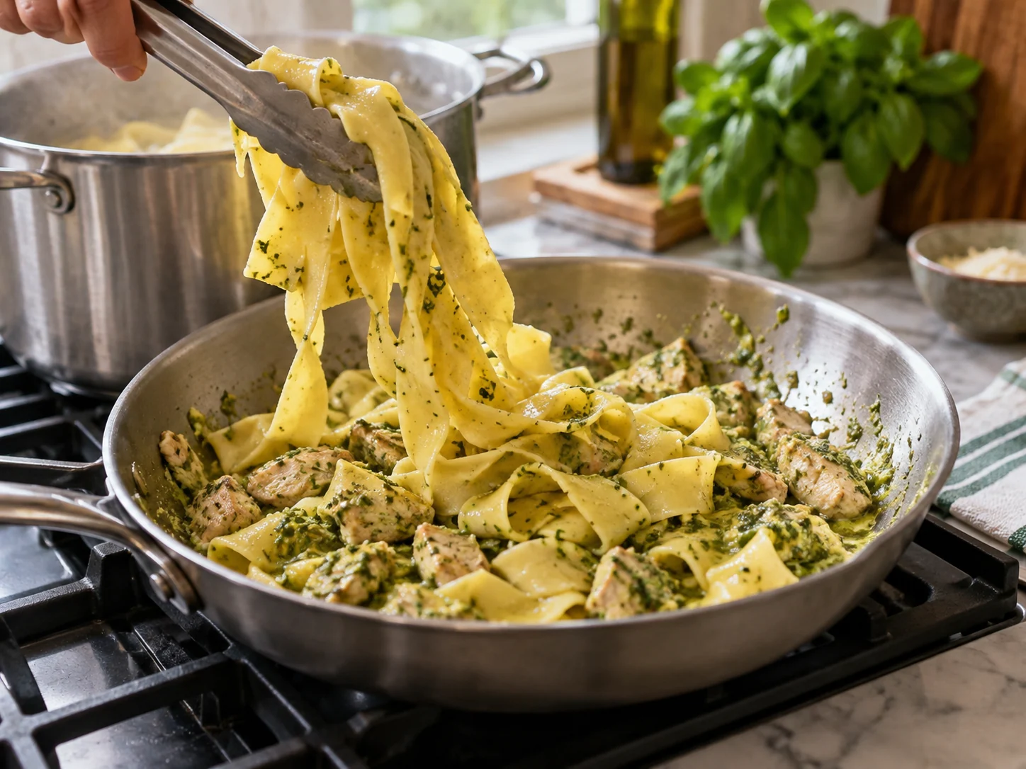 Паппарделле с курицей и песто | Фото подпункта 10 | Viva Cucina Паппарделле с курицей и песто: фото процесса приготовления — соедините подготовленные компоненты в широкой посуде, где их удобно перемешивать
