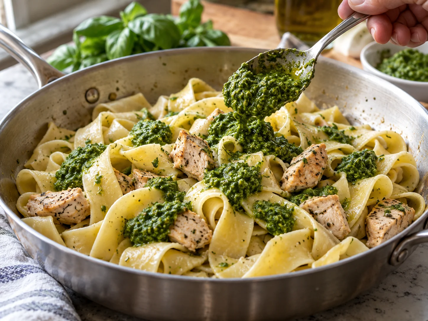 Паппарделле с курицей и песто | Фото подпункта 12 | Viva Cucina Паппарделле с курицей и песто: фото процесса приготовления — доведите блюдо до единой сочной текстуры, не перегревая нежные ингредиенты