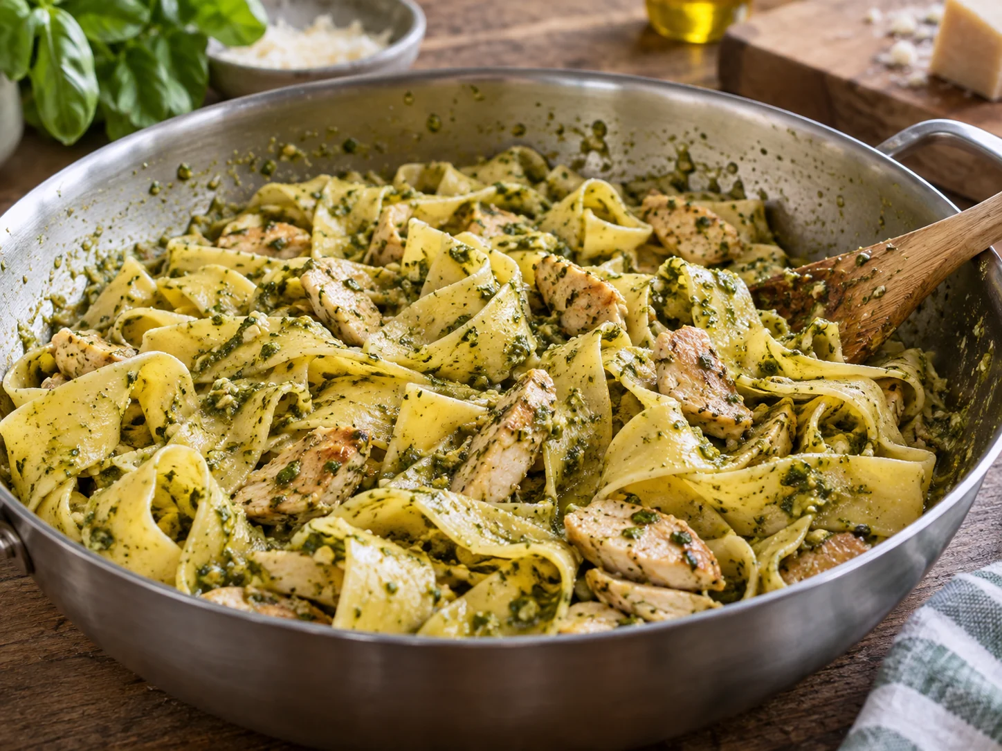 Паппарделле с курицей и песто | Фото подпункта 14 | Viva Cucina Паппарделле с курицей и песто: фото процесса приготовления — добавьте зелень, масло, сыр, лимон или специи только если они поддерживают основной вкус