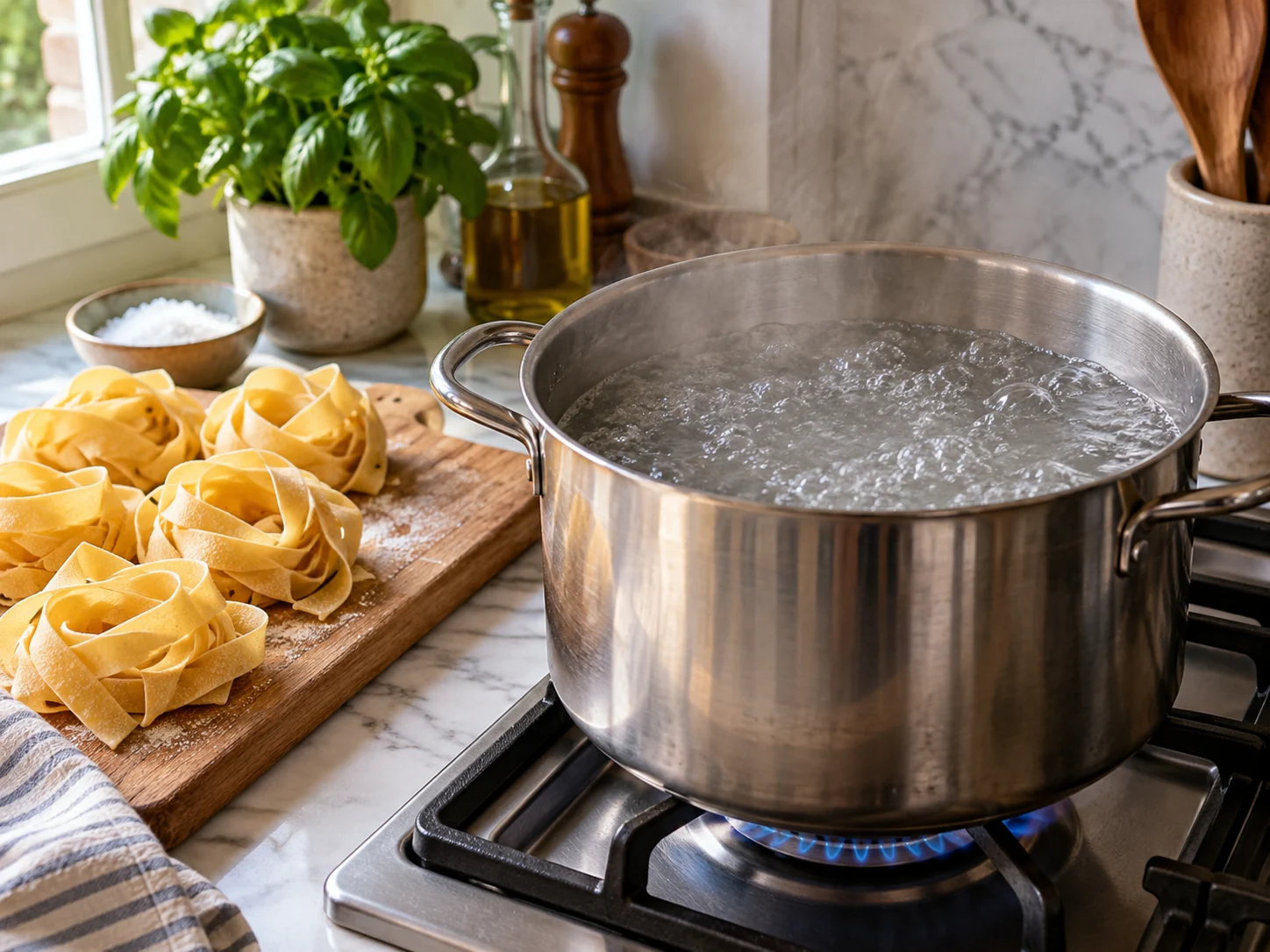 Паппарделле с курицей и песто | Фото подпункта 4 | Viva Cucina Паппарделле с курицей и песто: фото процесса приготовления — подготовьте основу для паппарделле с курицей и песто: прогрейте сковороду или кастрюлю и начните с ароматных ингредиентов