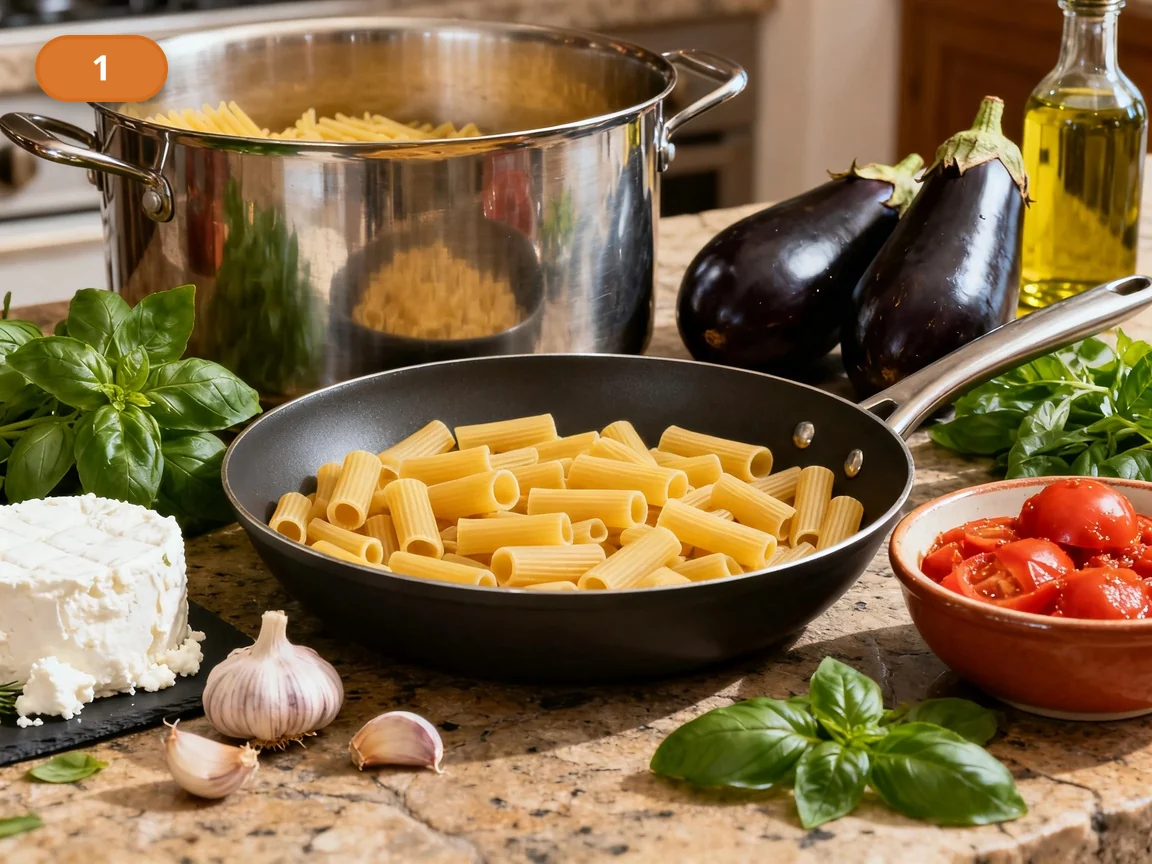 Паста алла Норма | Фото подпункта 1 | Viva Cucina Паста алла Норма: фото процесса приготовления — разложите ригатони или пенне, баклажаны, очищенные томаты, ricotta salata, чеснок, базилик и оливковое масло