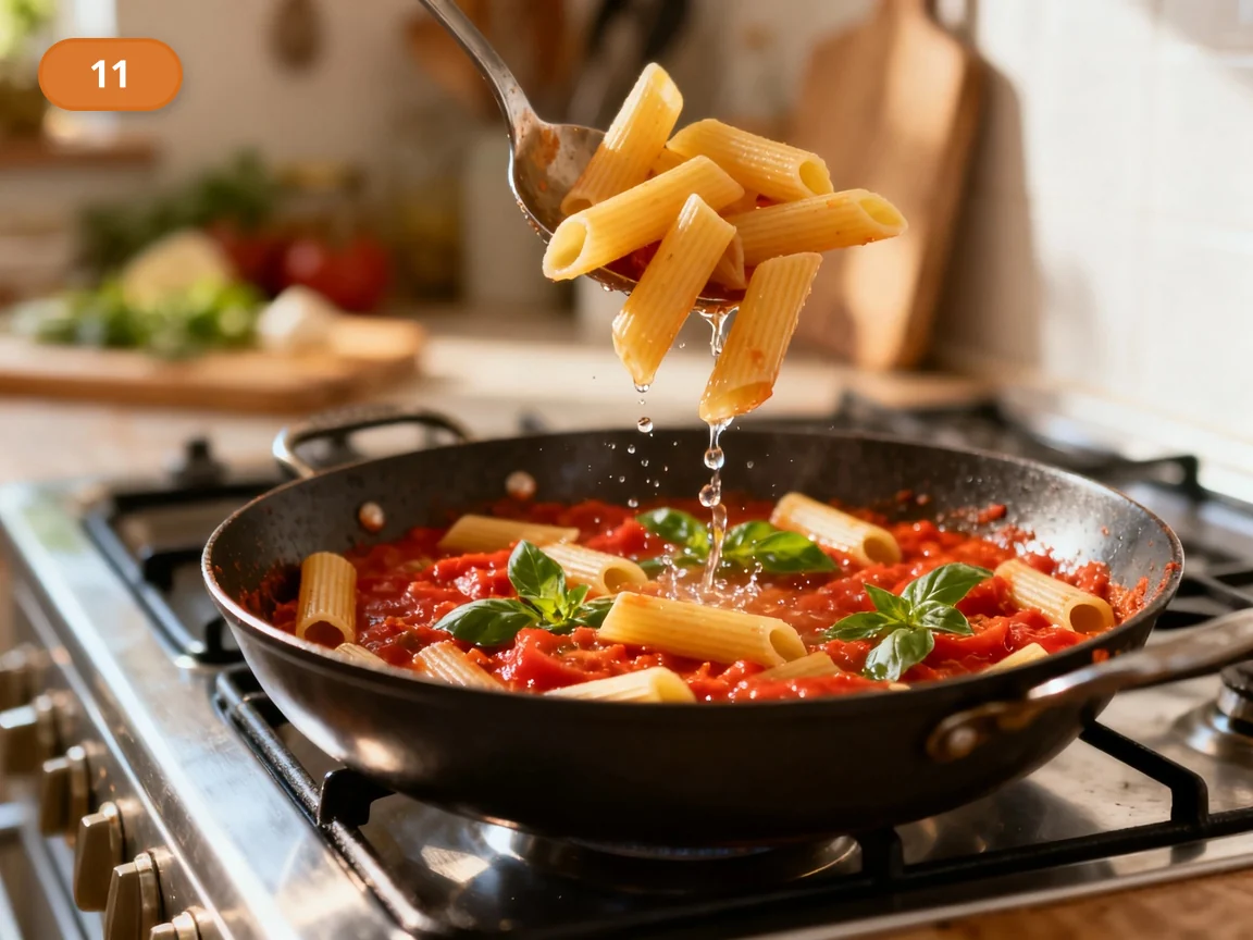 Паста алла Норма | Фото подпункта 11 | Viva Cucina Паста алла Норма: фото процесса приготовления — переложите пасту в томатный соус и добавьте немного воды от варки для связки