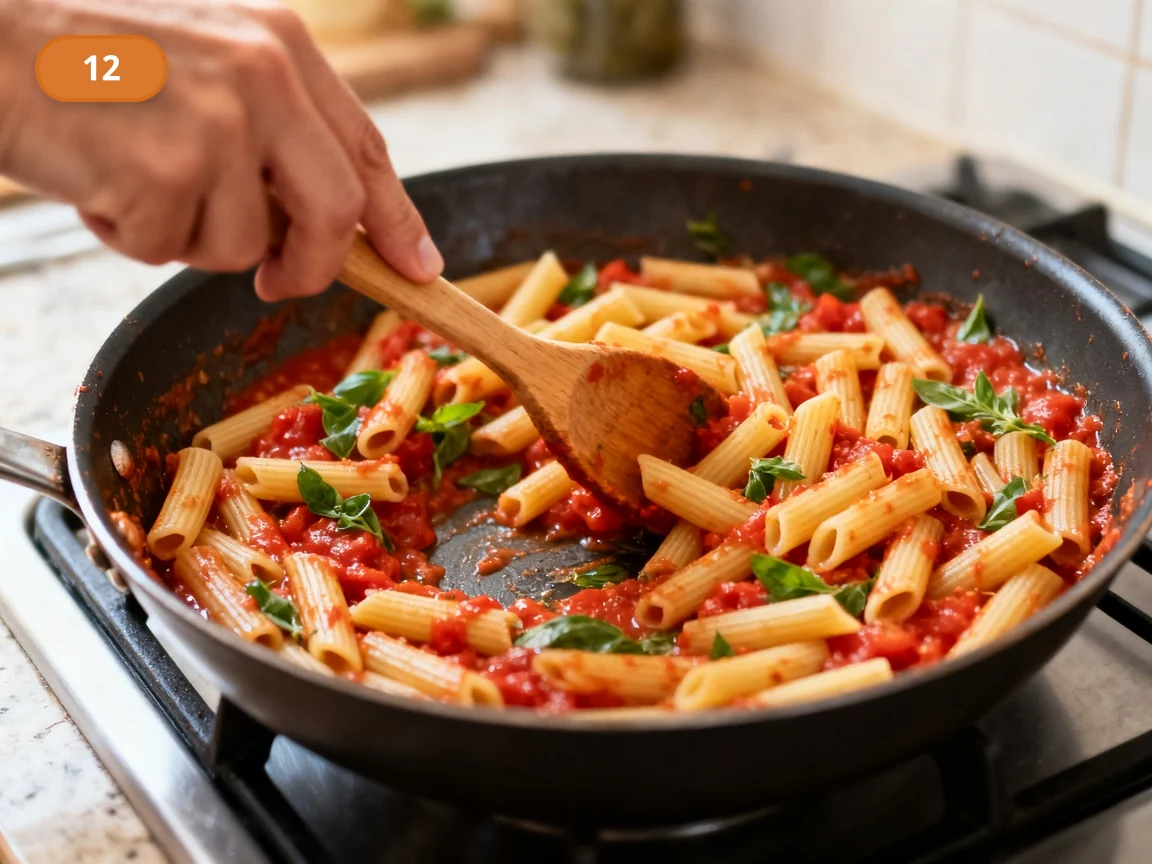 Паста алла Норма | Фото подпункта 12 | Viva Cucina Паста алла Норма: фото процесса приготовления — прогрейте пасту в соусе, пока томатная база не покроет каждый кусочек