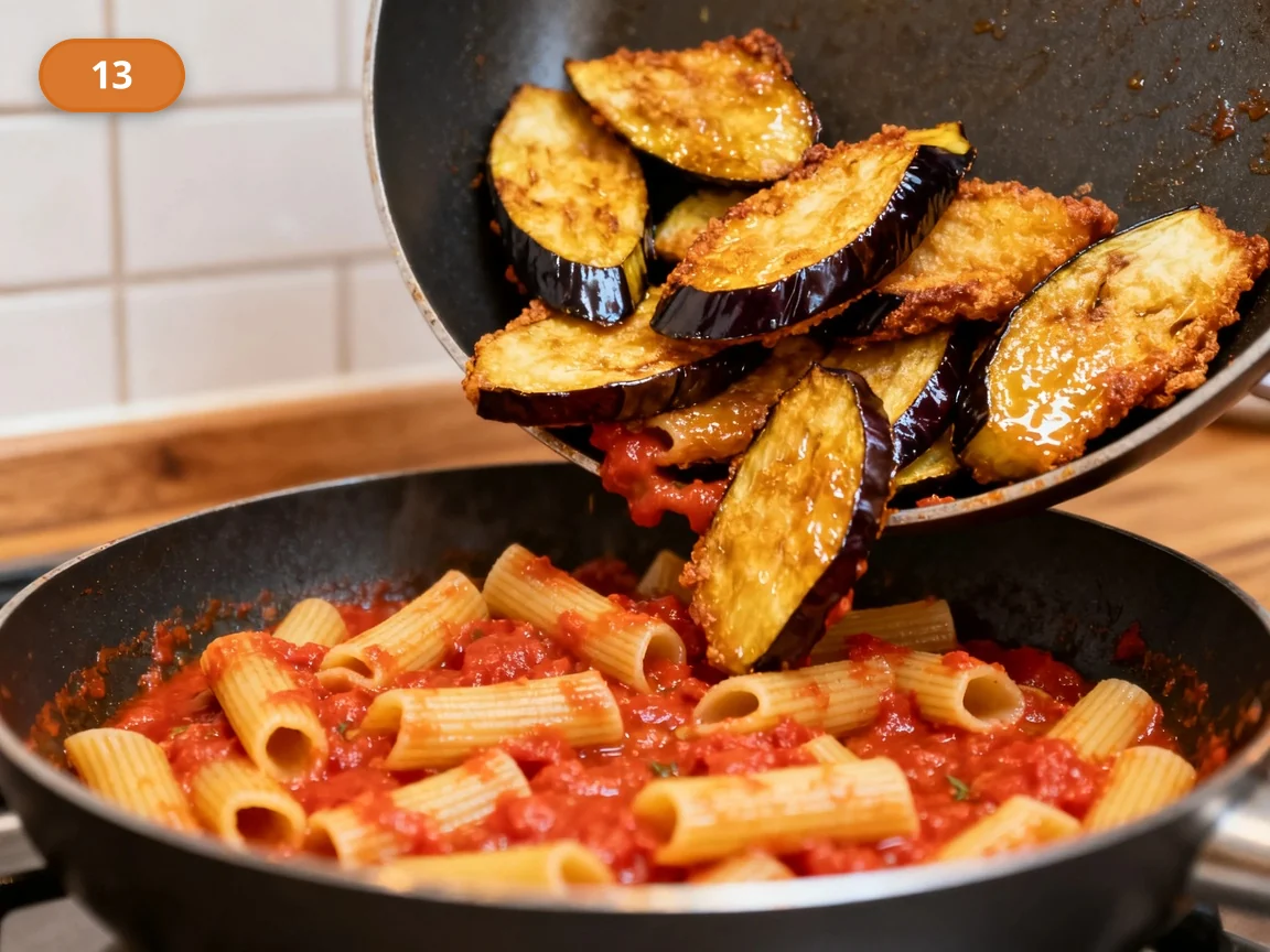 Паста алла Норма | Фото подпункта 13 | Viva Cucina Паста алла Норма: фото процесса приготовления — верните большую часть баклажанов в сковороду и аккуратно перемешайте, чтобы не сломать кусочки