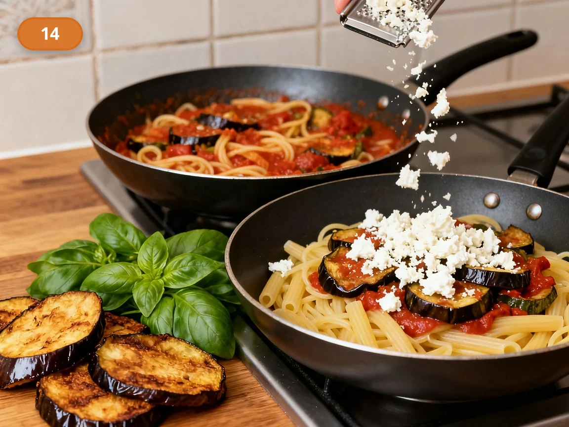 Паста алла Норма | Фото подпункта 14 | Viva Cucina Паста алла Норма: фото процесса приготовления — натрите ricotta salata и подготовьте оставшиеся баклажаны и базилик для подачи