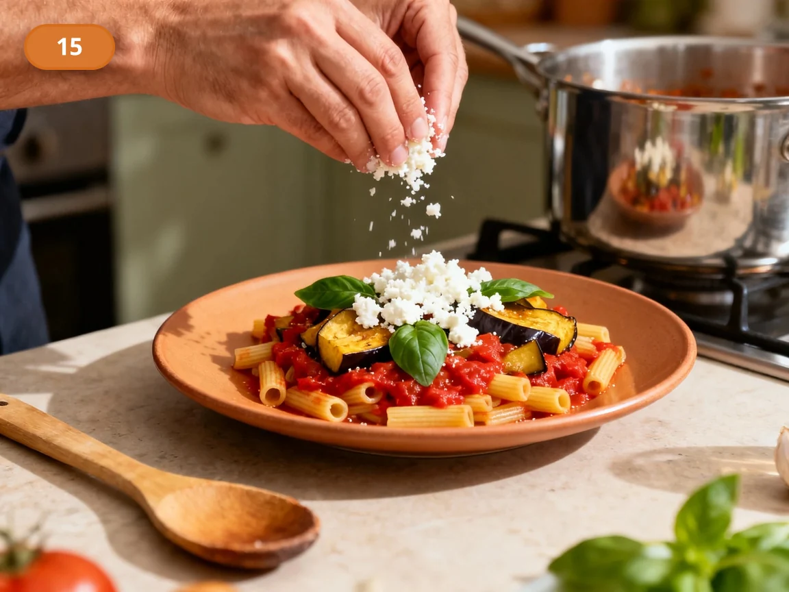 Паста алла Норма | Фото подпункта 15 | Viva Cucina Паста алла Норма: фото процесса приготовления — подавайте пасту алла Норма с баклажанами, ricotta salata и свежим базиликом