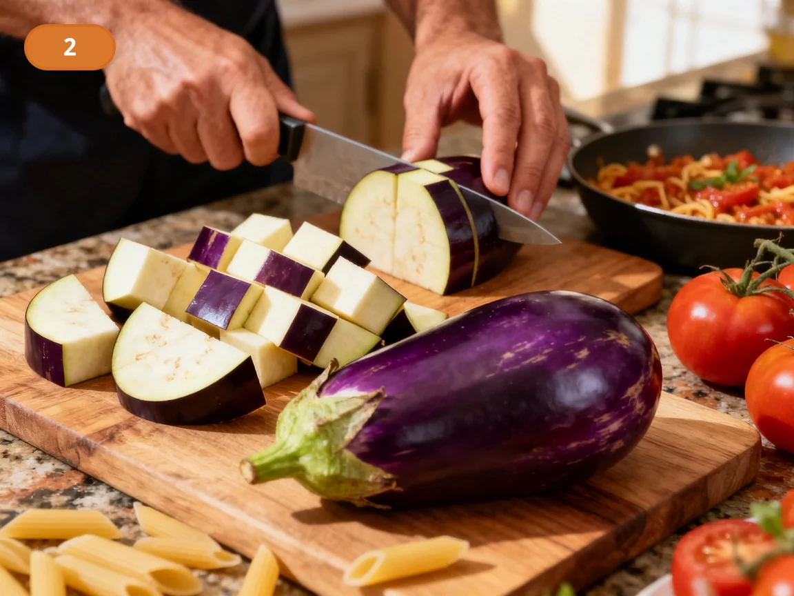 Паста алла Норма | Фото подпункта 2 | Viva Cucina Паста алла Норма: фото процесса приготовления — нарежьте баклажаны ровными кубиками или полукружьями, чтобы они одинаково прожарились