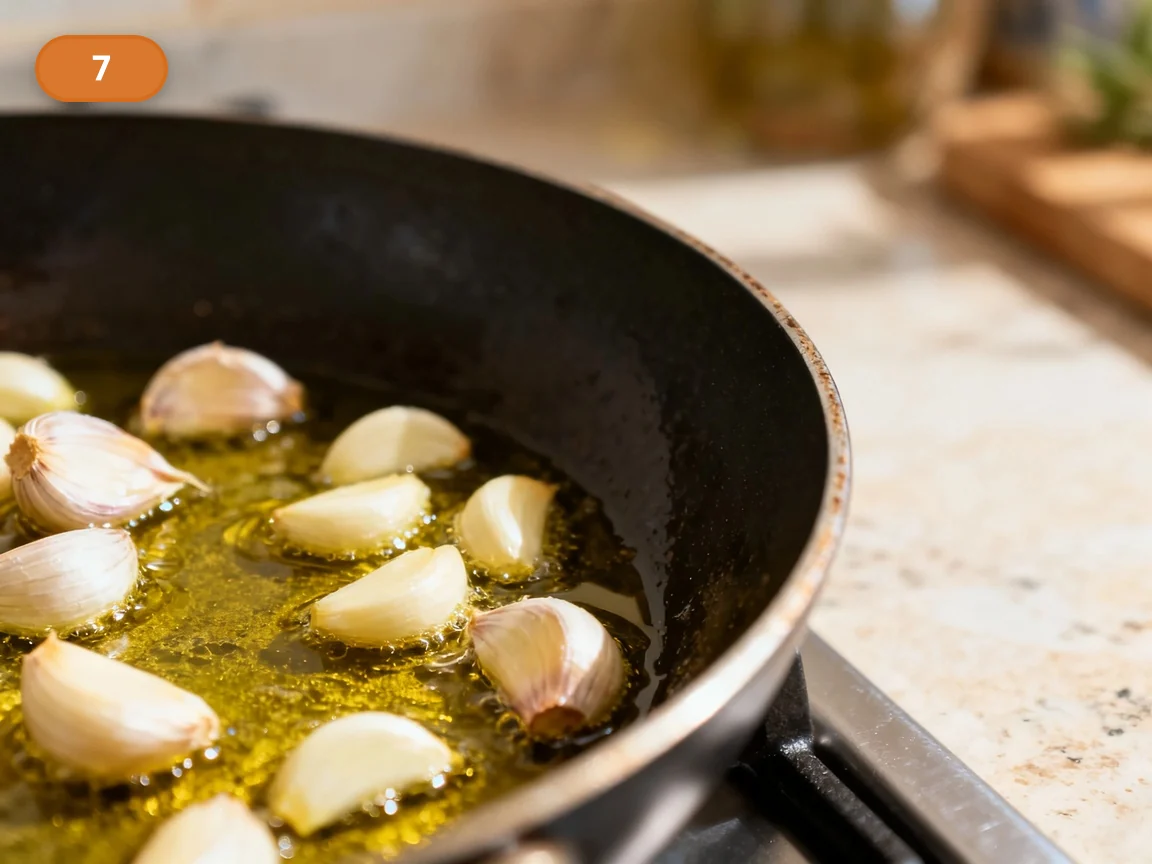 Паста алла Норма | Фото подпункта 7 | Viva Cucina Паста алла Норма: фото процесса приготовления — прогрейте чеснок в оставшемся масле до аромата, не доводя его до тёмного цвета