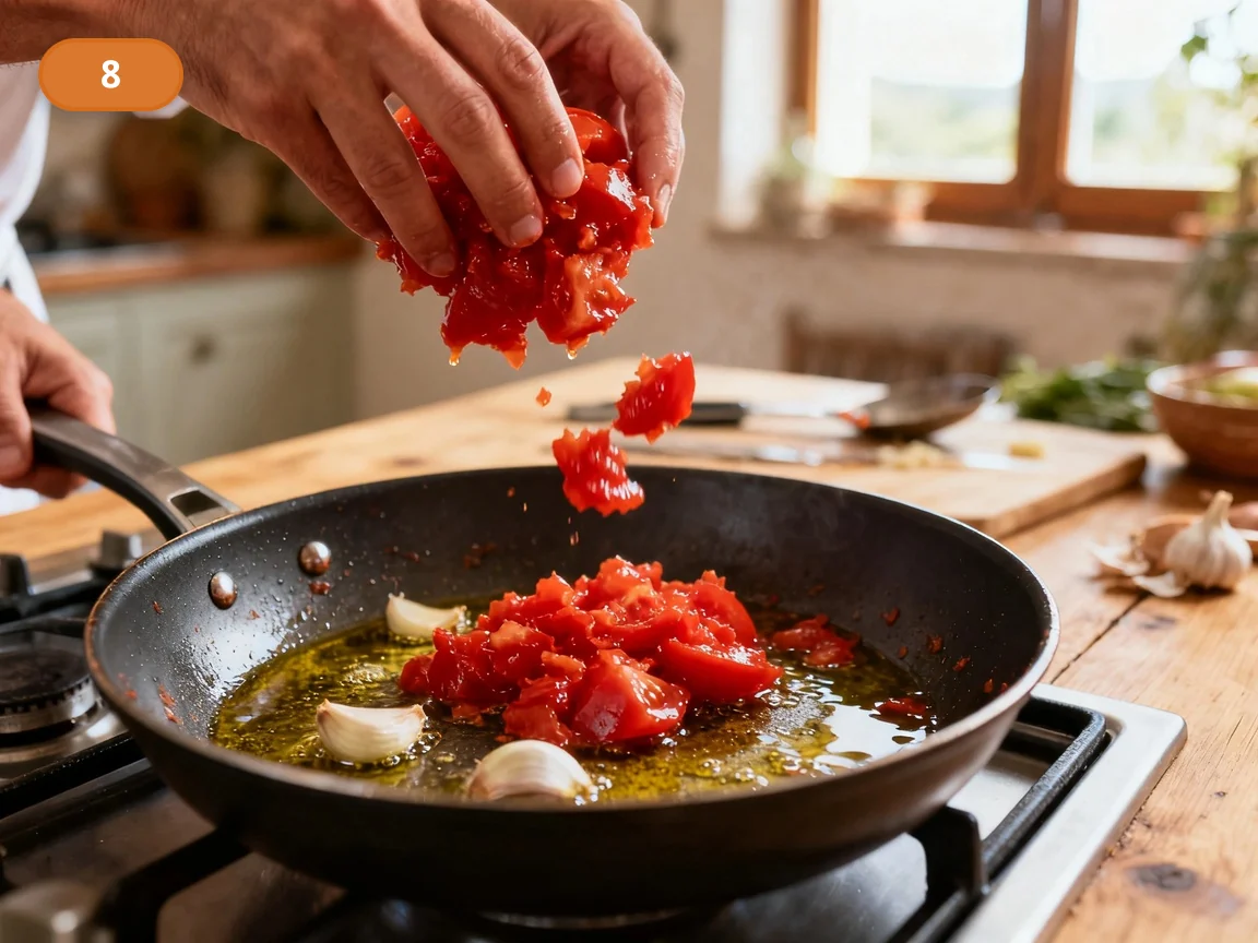 Паста алла Норма | Фото подпункта 8 | Viva Cucina Паста алла Норма: фото процесса приготовления — добавьте размятые очищенные томаты и перемешайте их с ароматным маслом