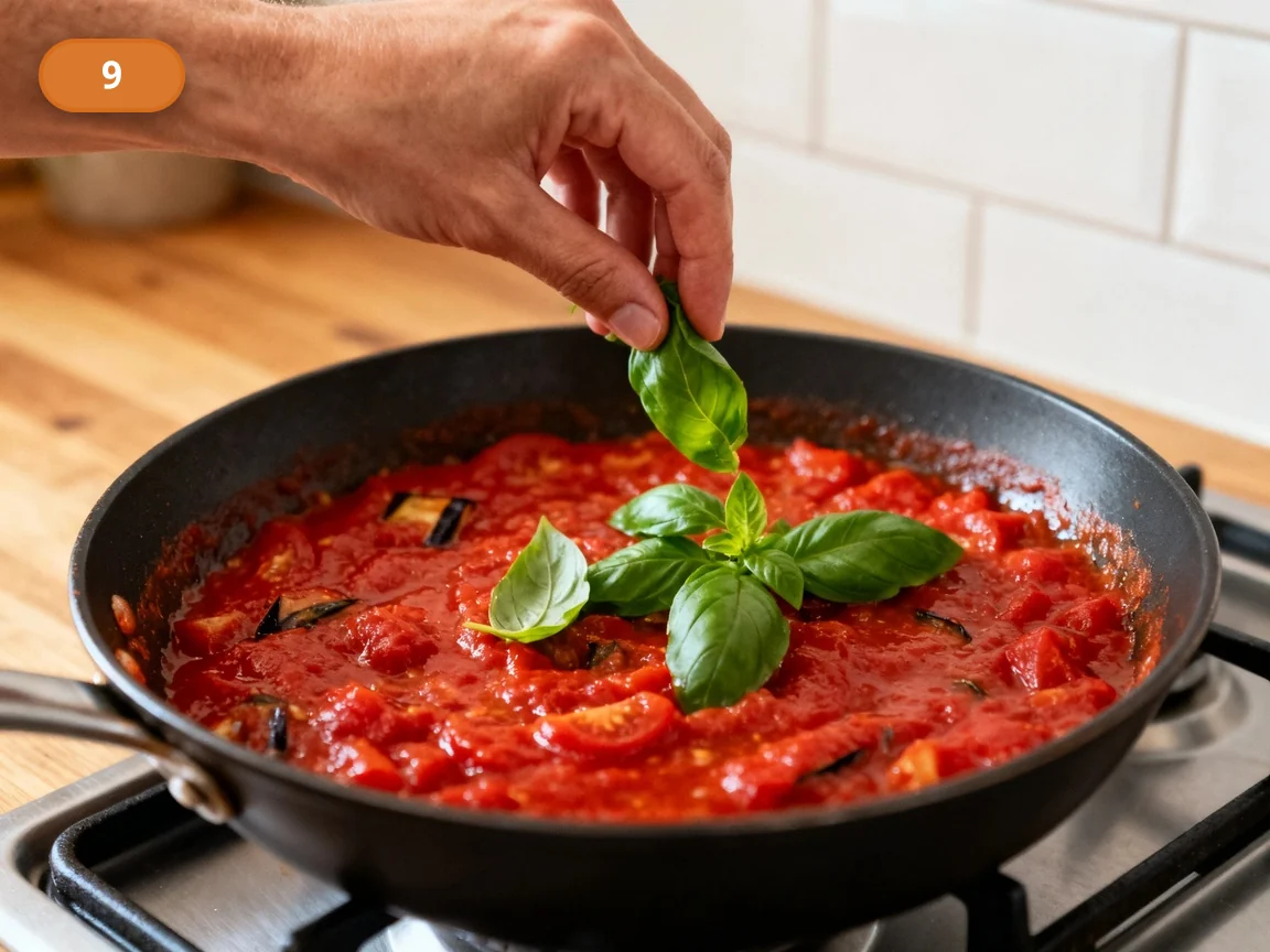 Паста алла Норма | Фото подпункта 9 | Viva Cucina Паста алла Норма: фото процесса приготовления — уваривайте томаты до плотного яркого соуса и в конце добавьте листья базилика
