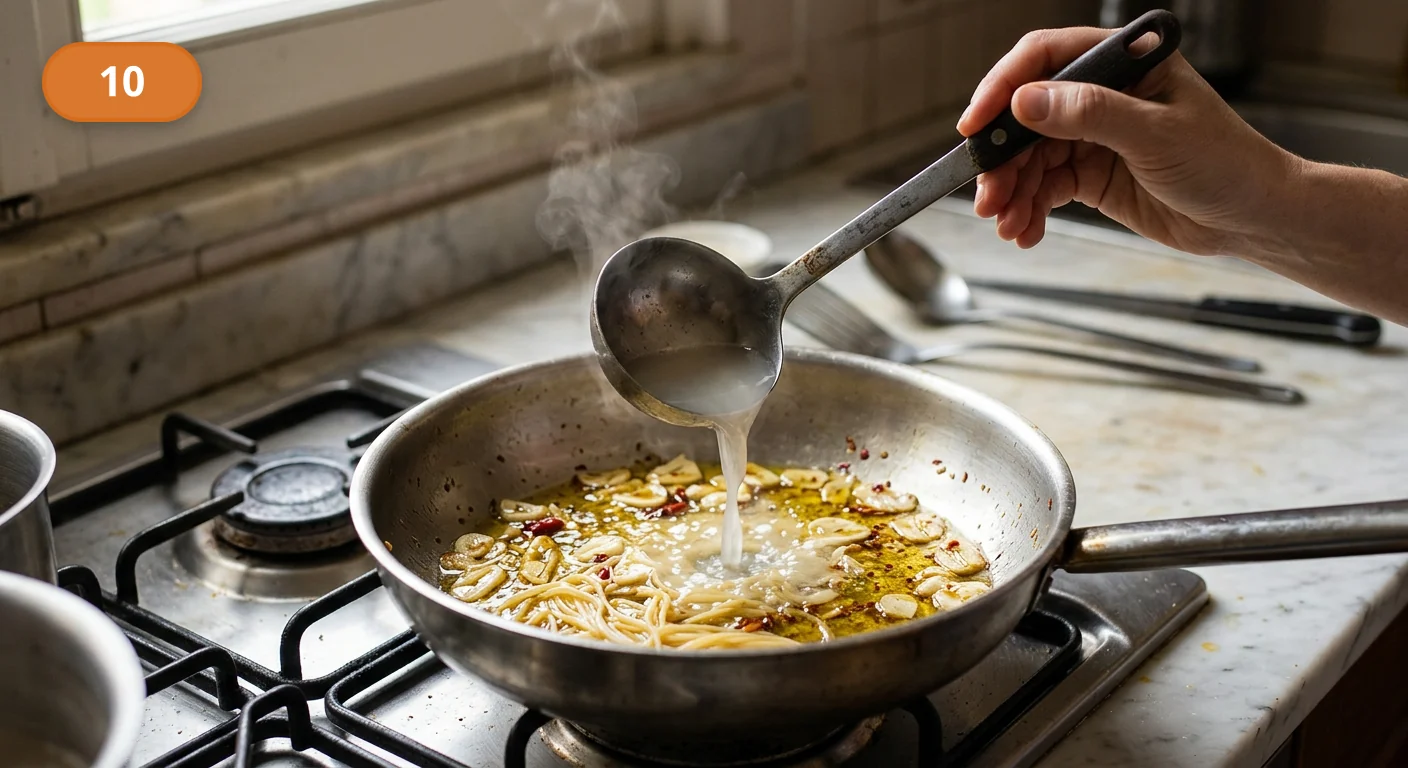 Паста аллио э олио | Фото подпункта 10 | Viva Cucina Паста аллио э олио: фото процесса приготовления — влейте немного воды от пасты в сковороду с чесночным маслом, соблюдая осторожность из-за пара