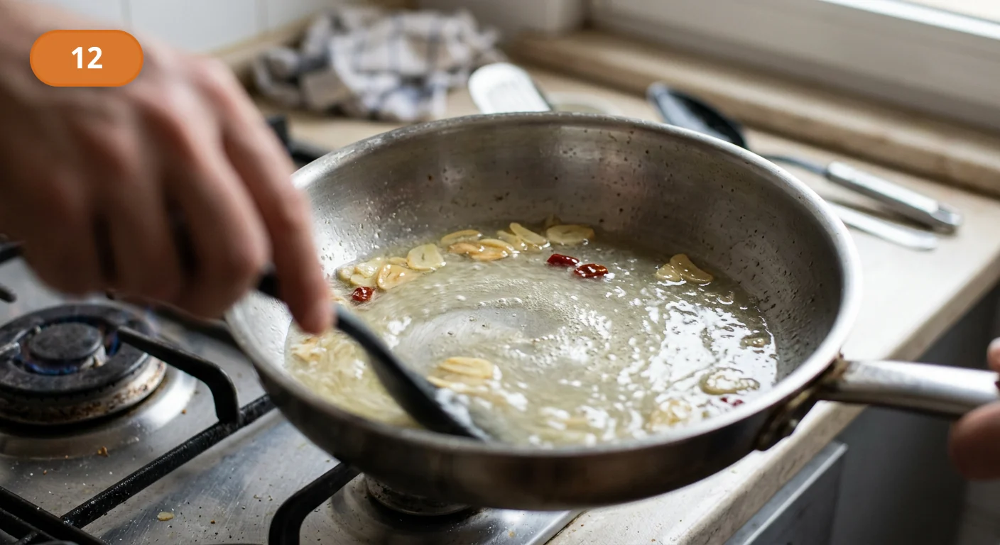 Паста аллио э олио | Фото подпункта 12 | Viva Cucina Паста аллио э олио: фото процесса приготовления — проверьте, что чеснок остаётся светлым, а жидкость становится блестящей и слегка мутной
