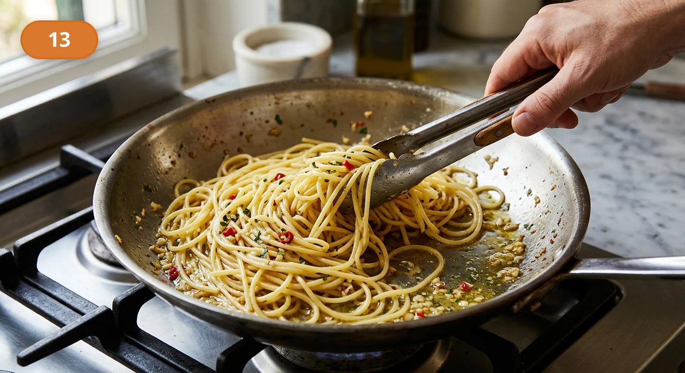 Паста аллио э олио | Фото подпункта 13 | Viva Cucina Паста аллио э олио: фото процесса приготовления — переложите спагетти al dente в сковороду с чесночным маслом и эмульсией