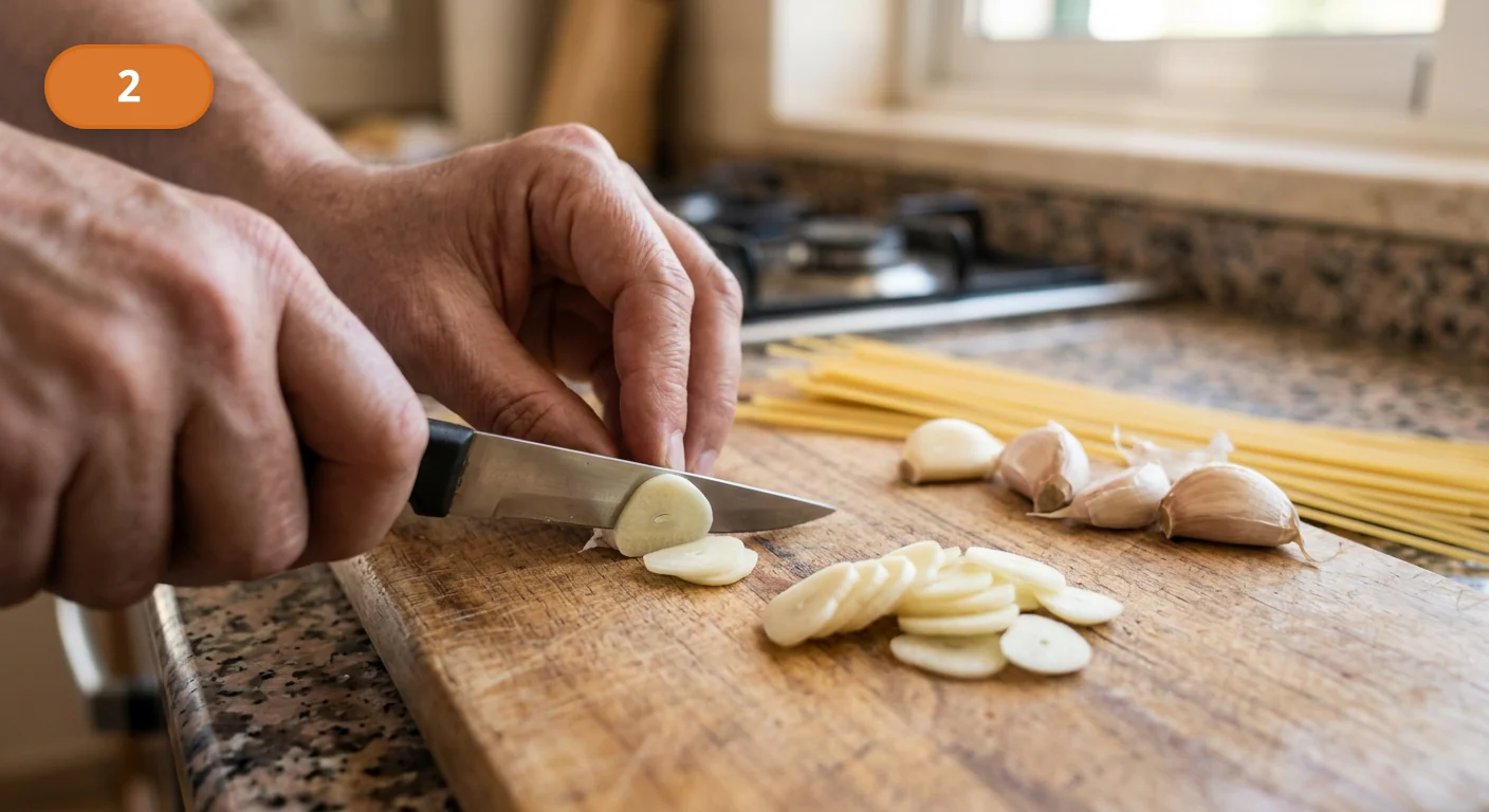 Паста аллио э олио | Фото подпункта 2 | Viva Cucina Паста аллио э олио: фото процесса приготовления — очистите чеснок и нарежьте его тонкими ровными пластинками, чтобы он прогрелся равномерно