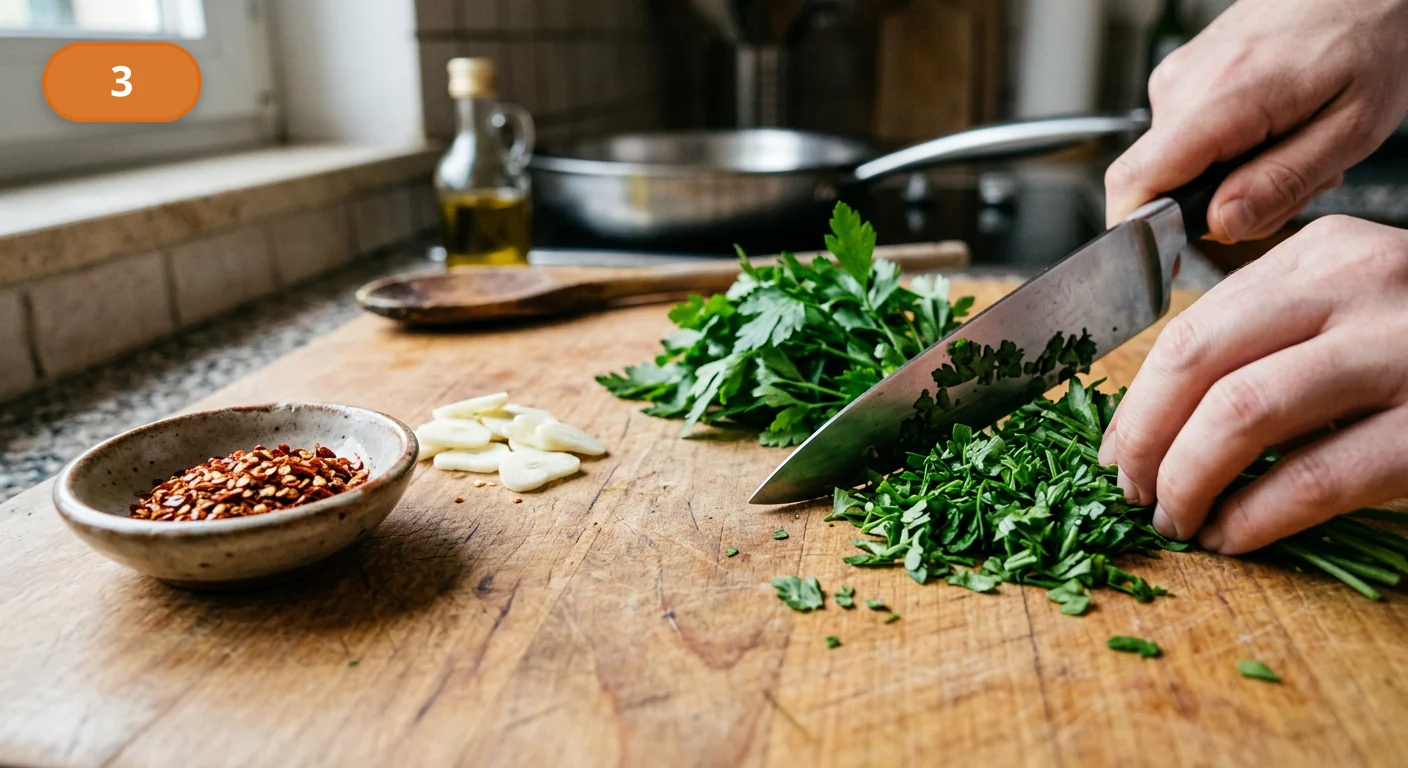 Паста аллио э олио | Фото подпункта 3 | Viva Cucina Паста аллио э олио: фото процесса приготовления — подготовьте чили и мелко порубите петрушку, оставив их отдельно до нужного момента