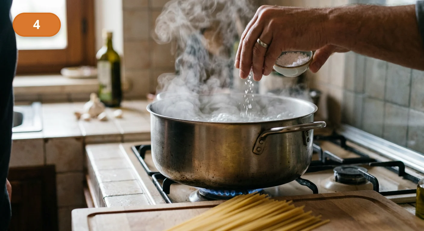 Паста аллио э олио | Фото подпункта 4 | Viva Cucina Паста аллио э олио: фото процесса приготовления — вскипятите большую кастрюлю воды и хорошо посолите её перед добавлением пасты