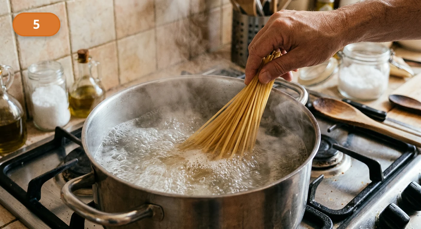 Паста аллио э олио | Фото подпункта 5 | Viva Cucina Паста аллио э олио: фото процесса приготовления — опустите спагетти в кипящую воду и варите до al dente, не переваривая