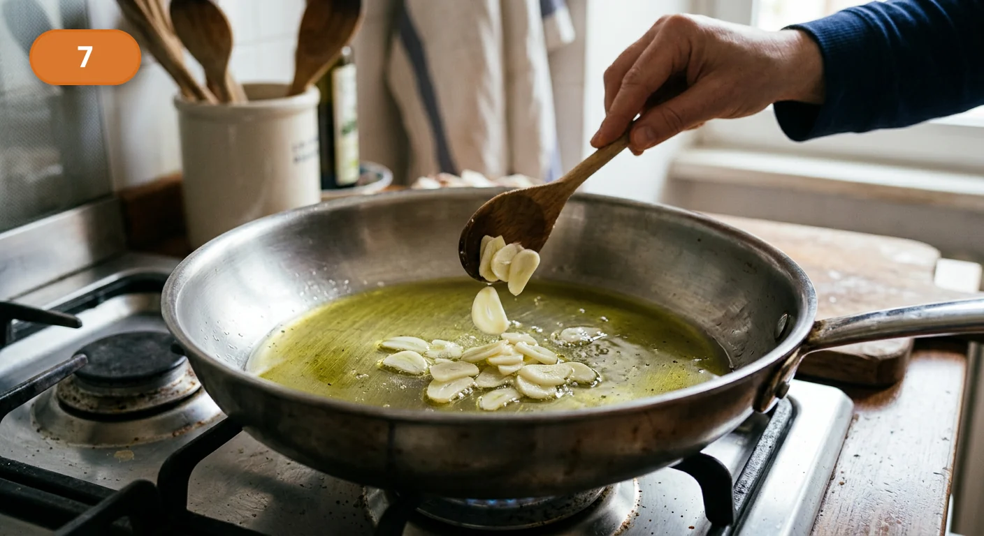 Паста аллио э олио | Фото подпункта 7 | Viva Cucina Паста аллио э олио: фото процесса приготовления — налейте оливковое масло в широкую сковороду и добавьте нарезанный чеснок в ещё мягкое тепло