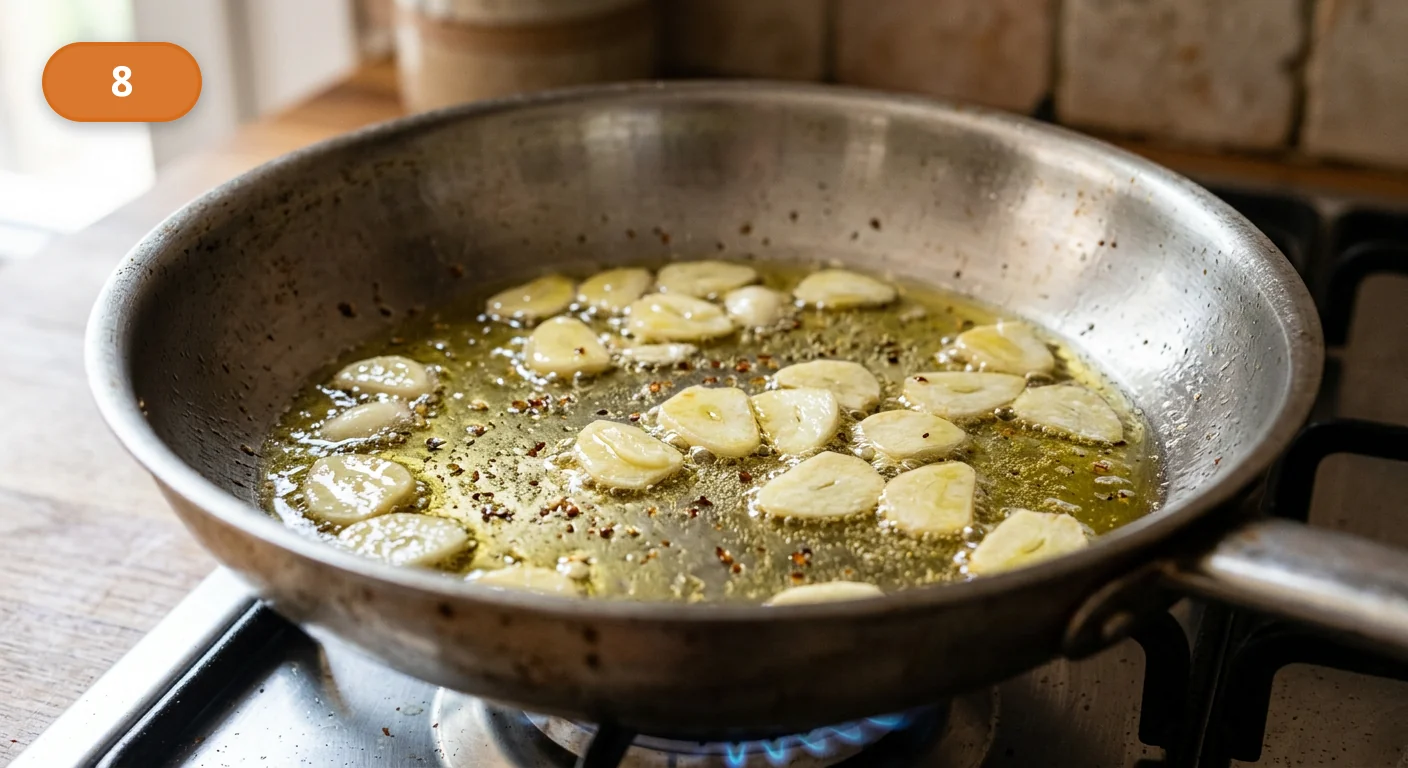 Паста аллио э олио | Фото подпункта 8 | Viva Cucina Паста аллио э олио: фото процесса приготовления — прогревайте чеснок на слабом огне до лёгкого золотистого цвета, не поджаривая до коричневого