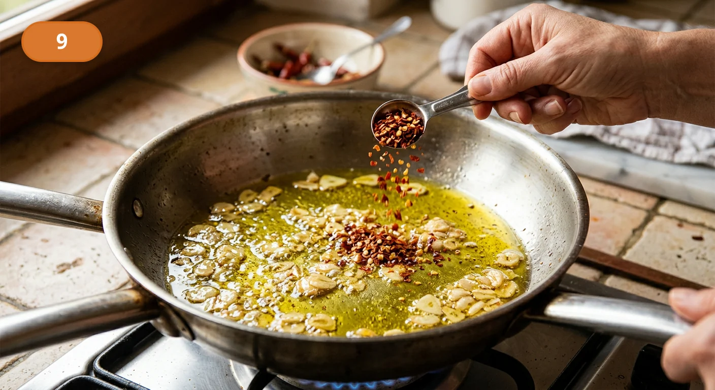 Паста аллио э олио | Фото подпункта 9 | Viva Cucina Паста аллио э олио: фото процесса приготовления — добавьте чили и дайте ему коротко раскрыть аромат в масле