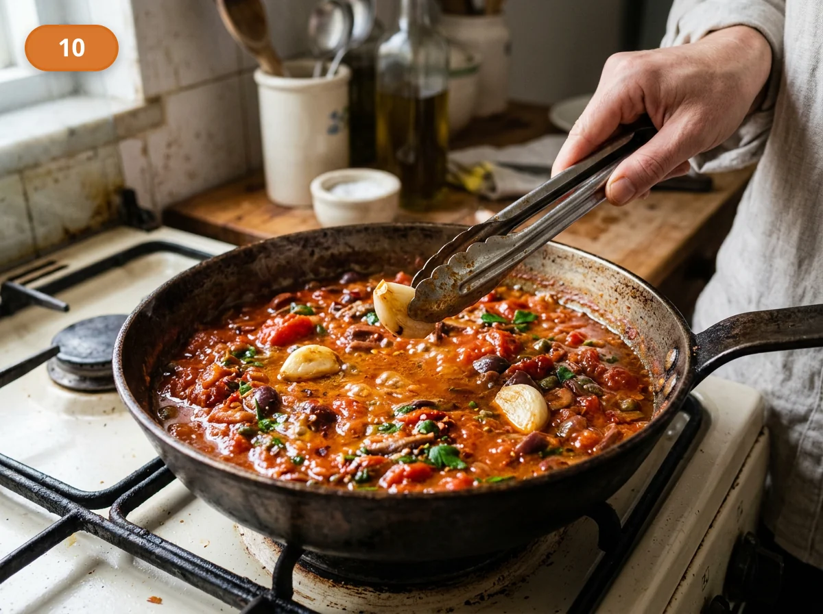 Паста путтанеска: фото процесса приготовления — удалите чеснок, когда он уже отдал аромат и дальше будет только грубеть во вкусе