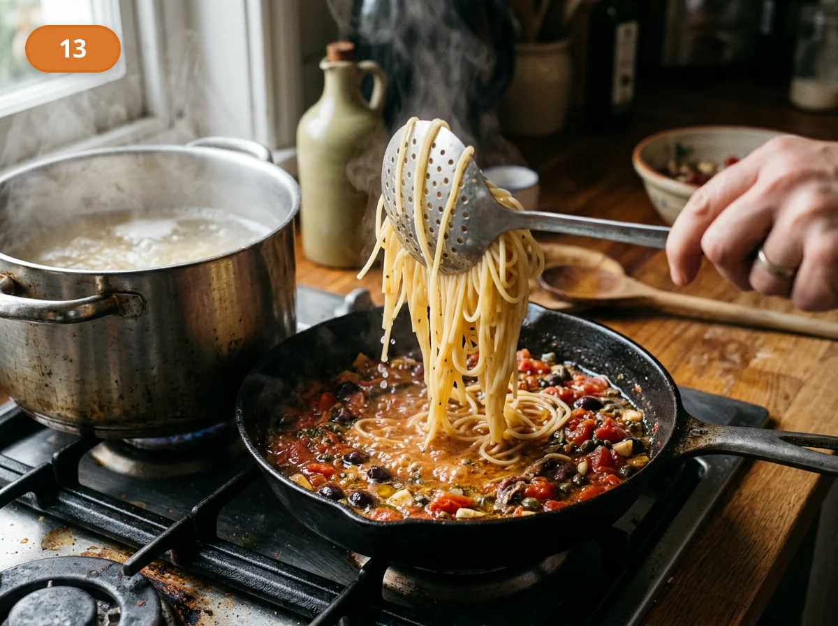 Паста путтанеска: фото процесса приготовления — переложите пасту прямо в сковороду вместе с несколькими ложками воды от варки