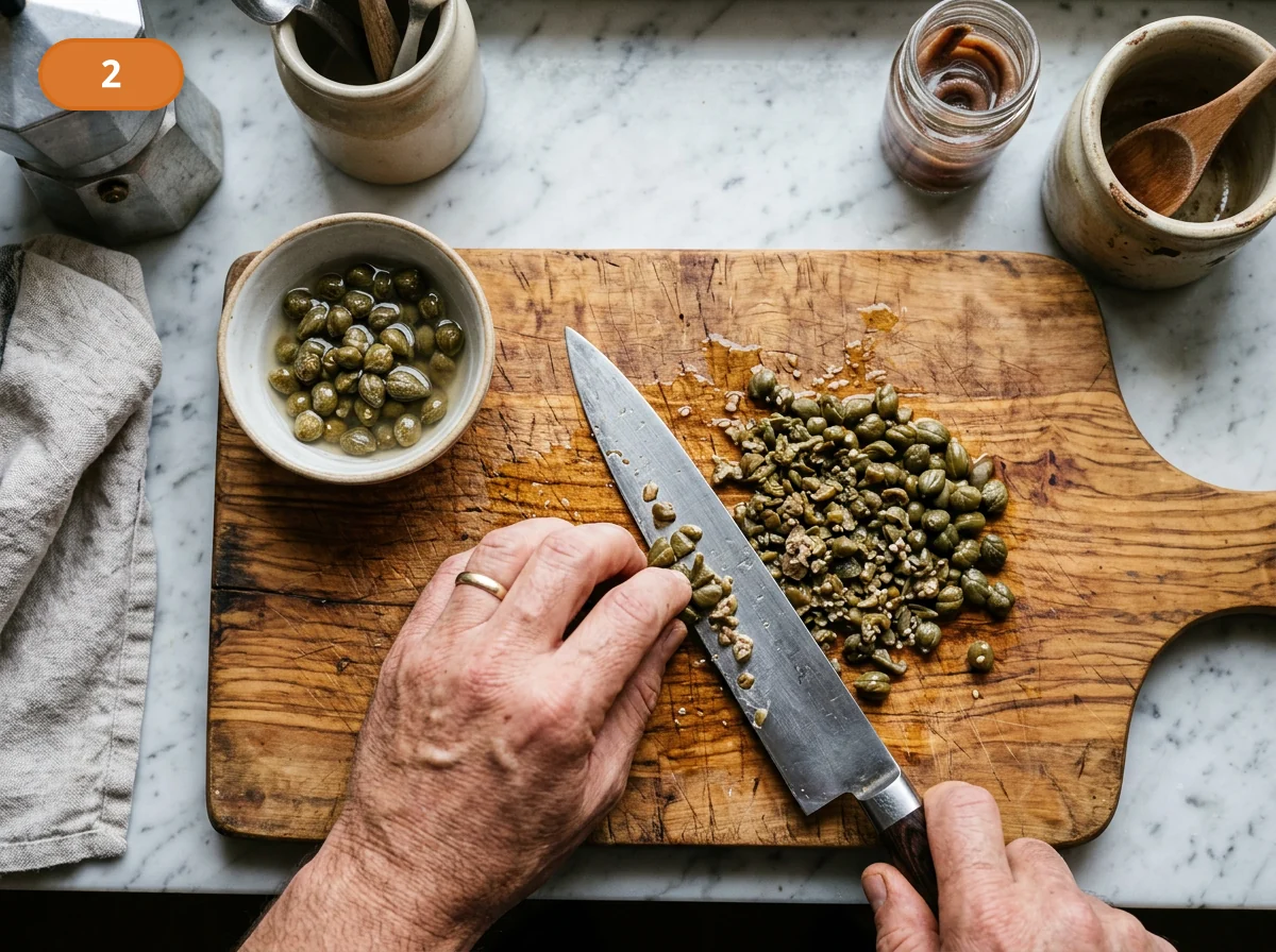 Паста путтанеска: фото процесса приготовления — крупно порубите каперсы, чтобы они распределялись по соусу короткими солёными акцентами, а не пастой