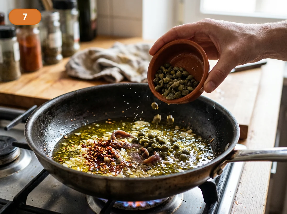 Паста путтанеска: фото процесса приготовления — всыпьте каперсы в ароматное масло и дайте им быстро раскрыться на среднем огне