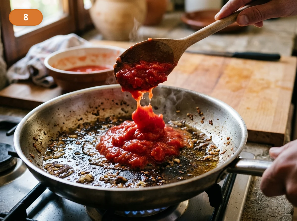 Паста путтанеска: фото процесса приготовления — слегка разомните очищенные томаты руками или ложкой и сразу переложите их в сковороду