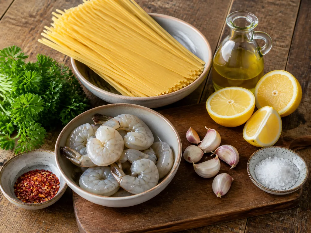 Паста с креветками и чесноком | Фото подпункта 1 | Viva Cucina Паста с креветками и чесноком: фото процесса приготовления — разложите Рыба или морепродукты, Лимон и Шампиньоны или белые грибы, соль, масло, специи и нужную посуду так, чтобы всё было под рукой до начала готовки