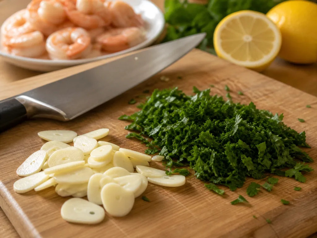 Паста с креветками и чесноком | Фото подпункта 3 | Viva Cucina Паста с креветками и чесноком: фото процесса приготовления — нарежьте, отмерьте и подготовьте ингредиенты для первого активного этапа, чтобы дальше работать без пауз