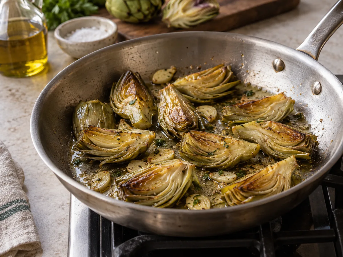 Пене с артишоками и песто | Фото подпункта 11 | Viva Cucina Пене с артишоками и песто: фото процесса приготовления — обжарьте дольки артишоков до лёгкой корочки