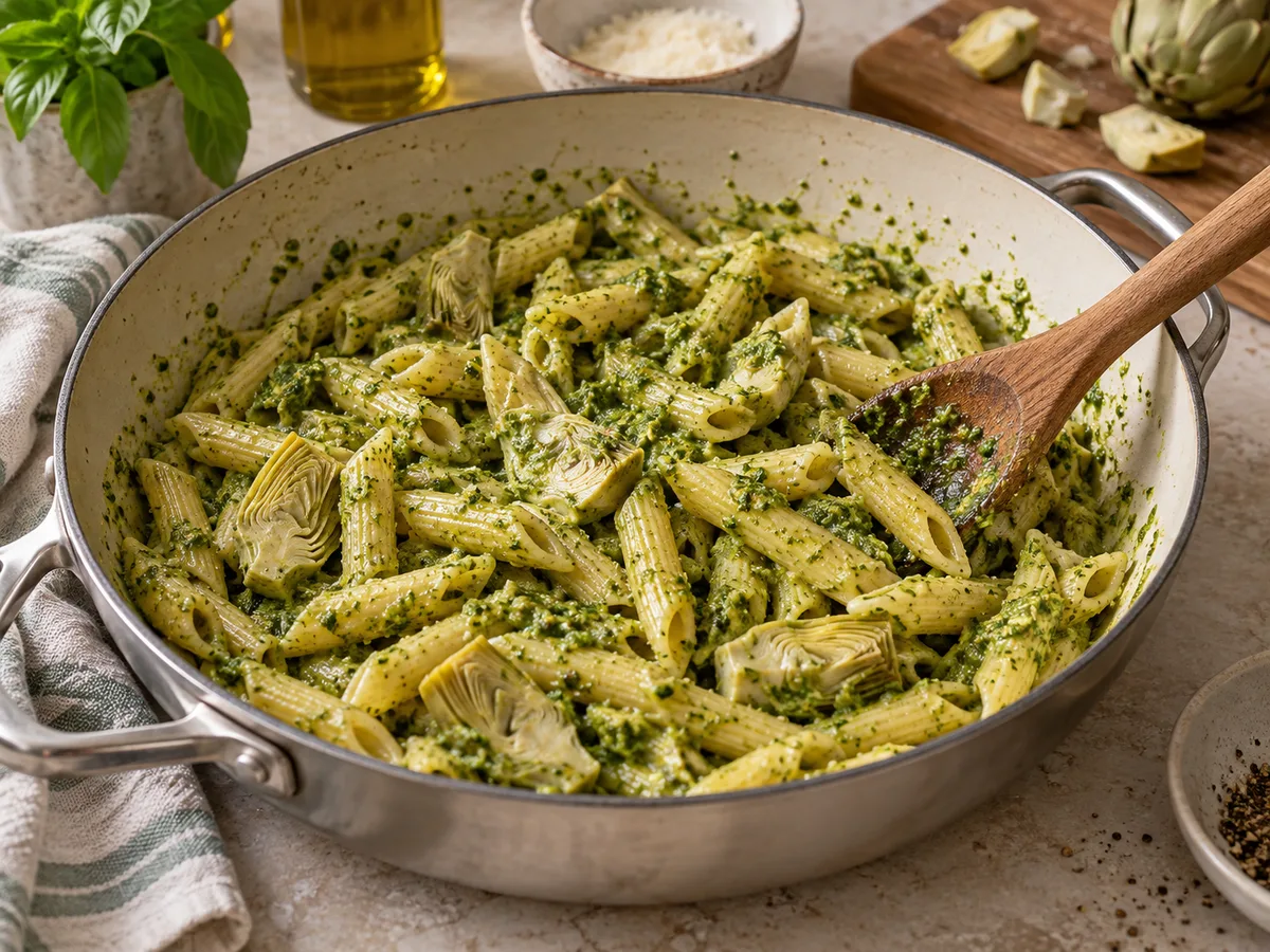 Пене с артишоками и песто | Фото подпункта 14 | Viva Cucina Пене с артишоками и песто: фото процесса приготовления — вне сильного огня вмешайте песто до равномерного покрытия