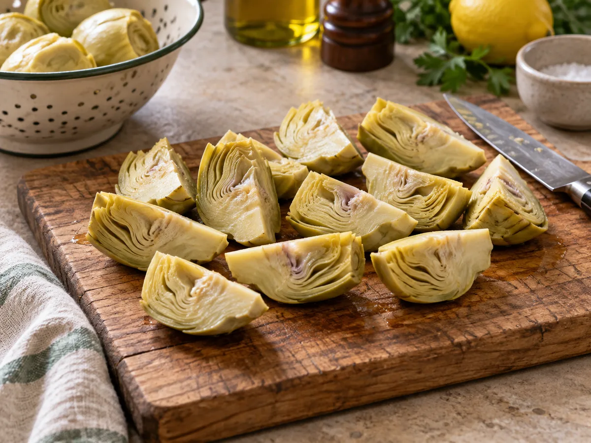 Пене с артишоками и песто | Фото подпункта 3 | Viva Cucina Пене с артишоками и песто: фото процесса приготовления — нарежьте сердцевины артишоков дольками