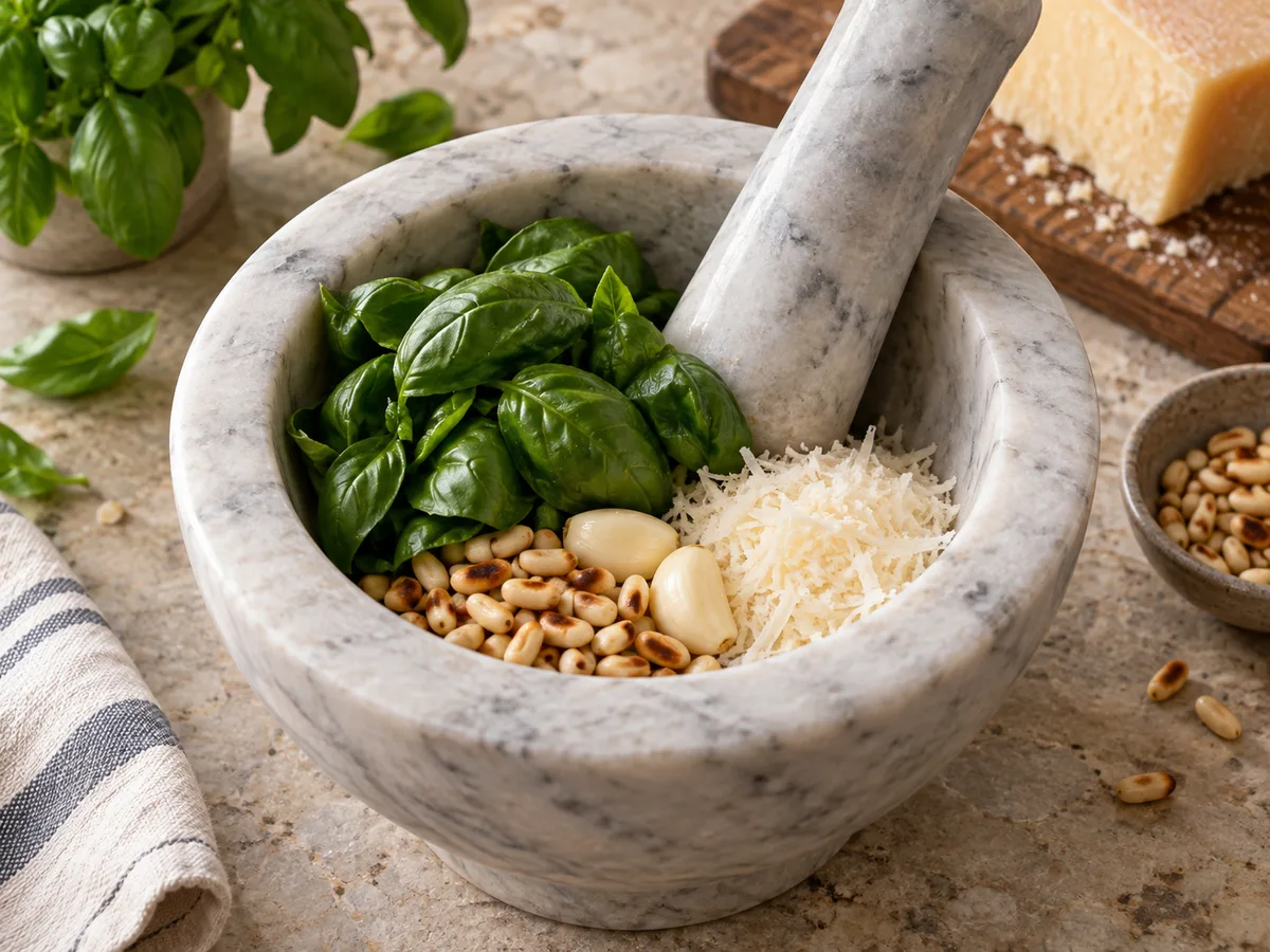 Пене с артишоками и песто | Фото подпункта 5 | Viva Cucina Пене с артишоками и песто: фото процесса приготовления — соедините базилик, орехи, чеснок и пармезан