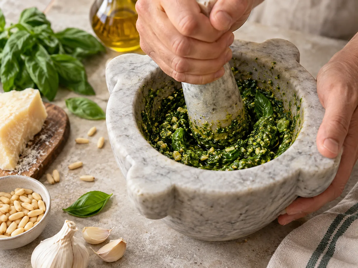 Пене с артишоками и песто | Фото подпункта 6 | Viva Cucina Пене с артишоками и песто: фото процесса приготовления — разотрите смесь пестиком в зелёную пасту